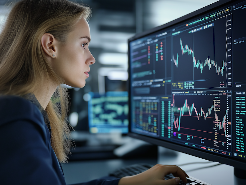 Profesional analizando gráficos de inversión y gestión de carteras